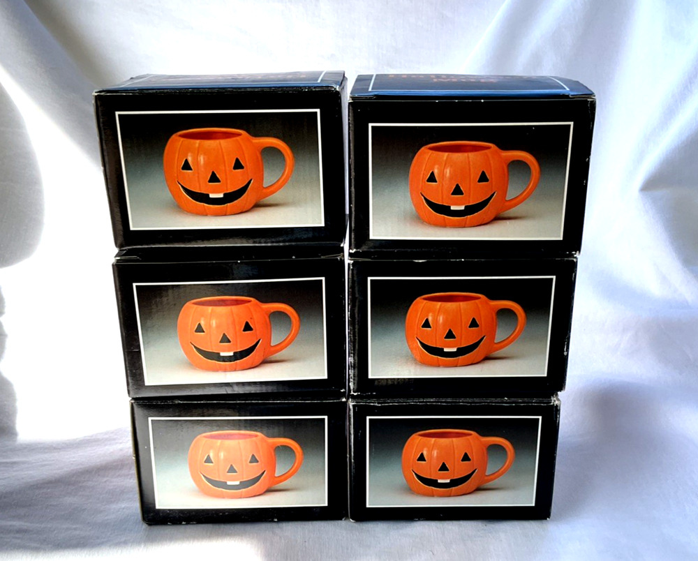 Vintage Mervyn's Halloween Jack O Lantern Pumpkin Mugs Set of 6 w/ Boxes